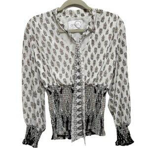 Analili Boho Print Smocked Blouse Size Small – Tie Neck & Flowy Sleeves